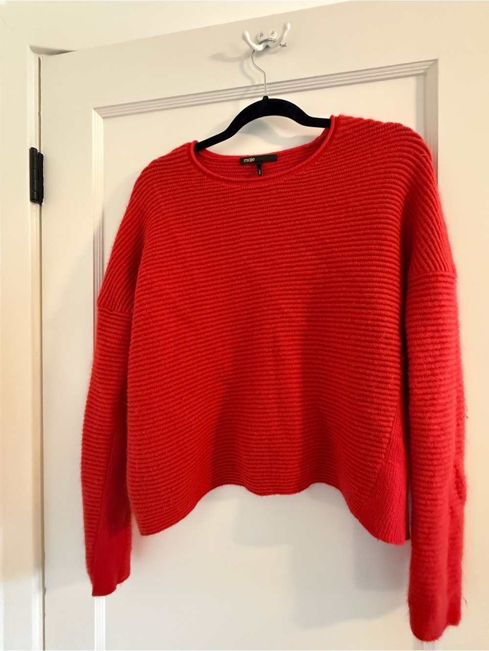 Maje Bright Red Ribbed Crewneck Sweater